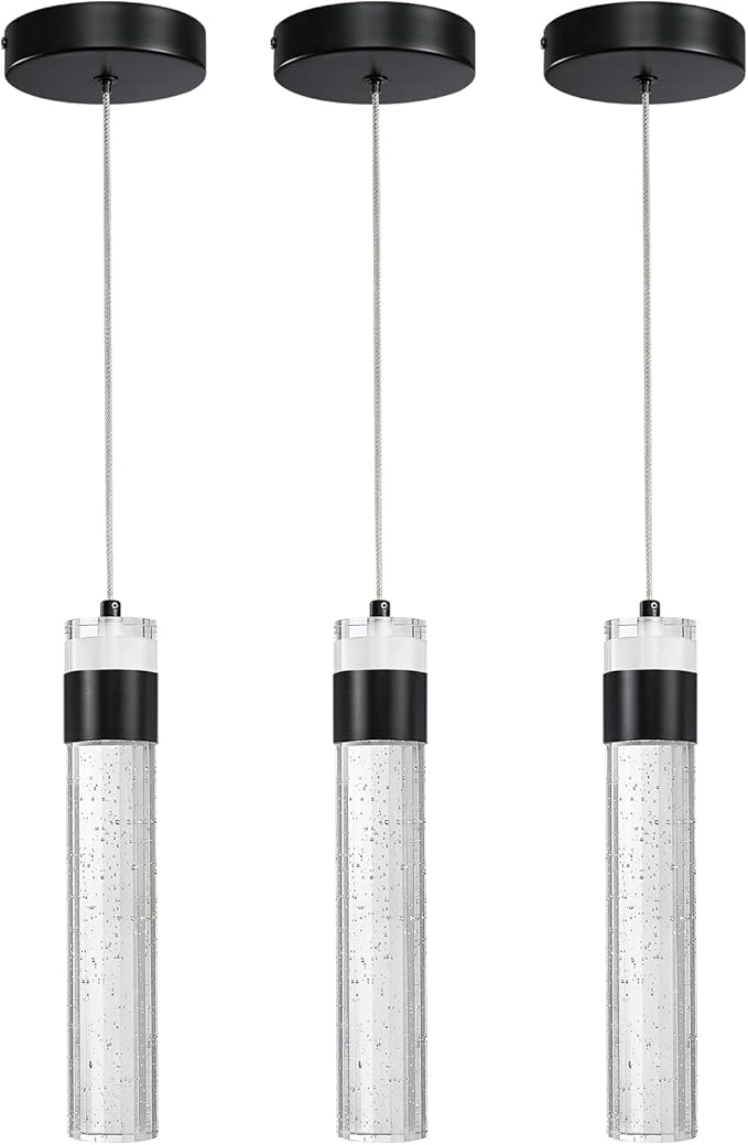 Black Pendant Lights Kitchen Island 3 Pack Crystal Hanging Pendant Light Fixtures with Crystal Bubble 3000K LED Modern Pendant Ceiling Lighting for Dining Room Restaurant Living Room Bedroom