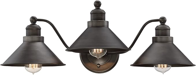 Kira Home Welton 25.5" 3-Light Modern Farmhouse Vanity Light with Funnel Shades, Industrial Dark Bronze Wall Sconce Bathroom Light, Brushed Dark Bronze Finish