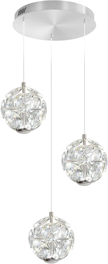 ykolupty Silver Dining Room Chandelier Light Fixture 3-Light Crystal Globe Pendant Lighting Modern Kitchen Island Cluster Hanging Pendant Lights LED Dimmable 2700-6000K