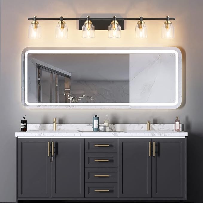 SOLFART 6-Lights Black Brass Bathroom Vanity Light Fixture Vintage Bathroom Fixture Over Mirror Thick Clear Glass