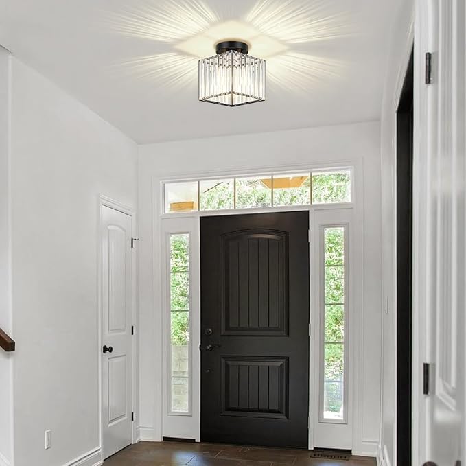 2-Pack Black Crystal Semi Flush Mount Ceiling Light 7.24" Modern Square Lighting Fixture Small Chandelier for Kitchen Hallway Entryway Dining Room Bedroom Bathroom Laundry