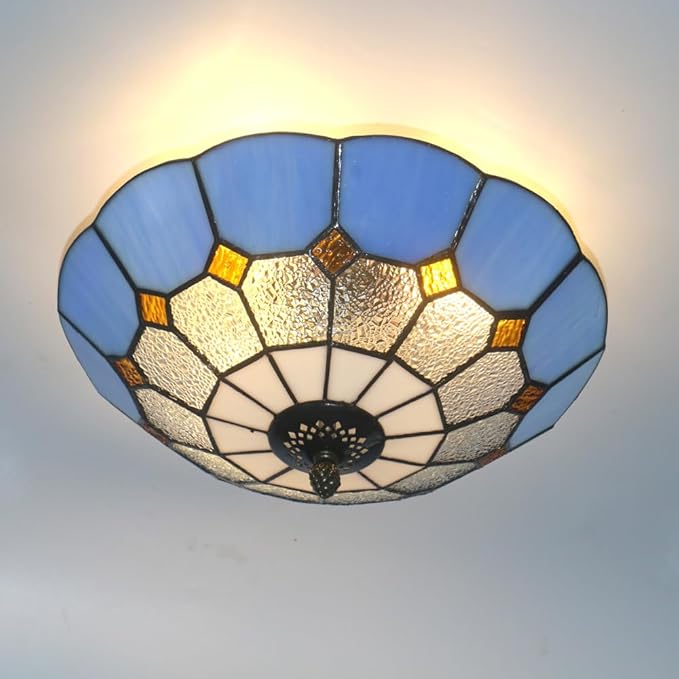12 Inch Tiffany Style Vintage Stained Glass Ceiling Light Flush Mount Ceiling Light Pendent Chandelier Lighing Fixtures (12 Inch Blue)