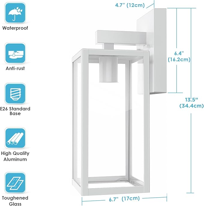 MAXvolador Outdoor Wall Sconce, Exterior Waterproof Lantern Light Fixtures, White Porch Light Toughened Glass, Anti-Rust E26 Patio Lighting, 2 Pack