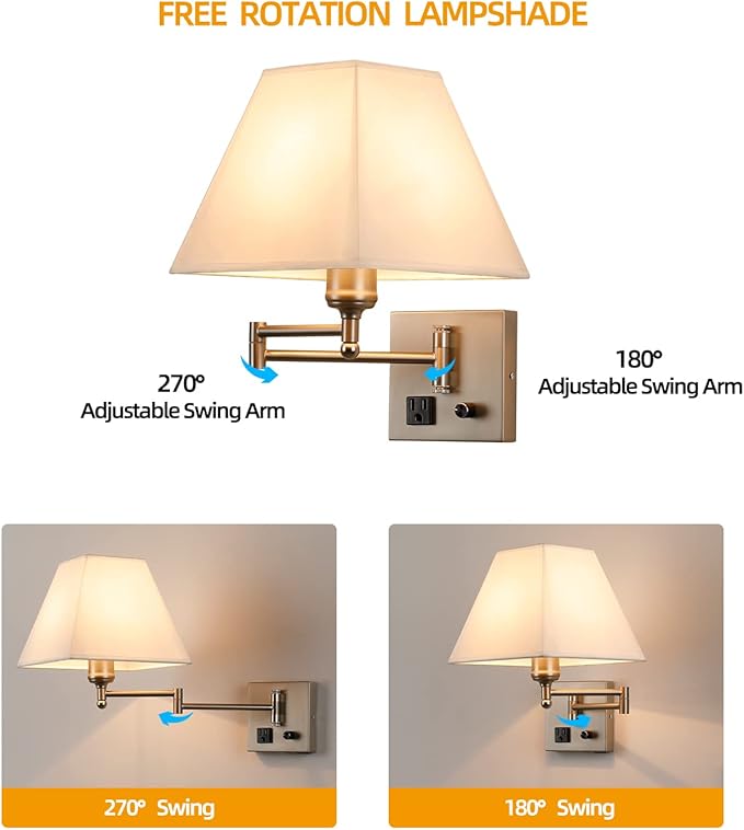 Plug in Wall Light,Swing Arm Wall Sconces with USB Port and Outlet,Wall Lamp with White Fabric Shade Dimmable Switch for Bedroom, Living Room , Office Nickel