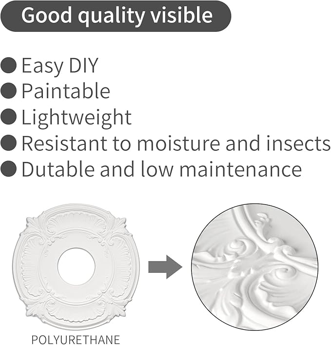 2 Pcs Molded PU Ceiling Medallion for Light Fixtures and Ceiling Fans, 13"OD x 3-1/2"ID x 3/4" P (White)