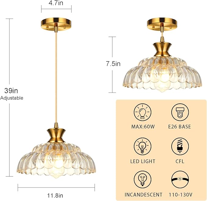 Glass Pendant Lights Kitchen Island, 11.8" Vintage Lighting Glass Light Fixtures Brushed Gold Modern Glass Chandelier Hanging Ceiling for Dining Living Room Restaurant Bedroom Foyer Entryway