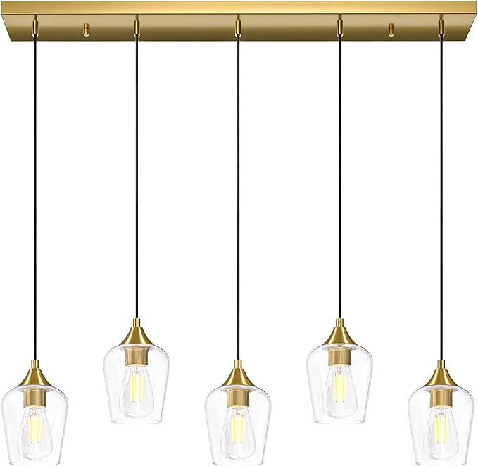 VONLUCE Pendant Lights Kitchen Island, Brushed Gold Pendant Light Fixtures with E26 Base & Adjustable Cable, Modern Pendant Lighting with Glass Shade for Living Room Bedroom Hallway, 5-Light