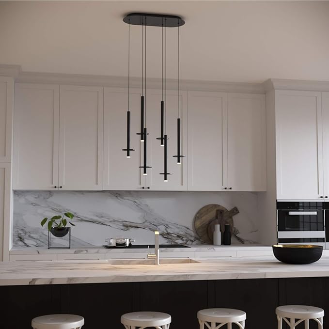 Draco 6 Pendant Lighting Black – LED Hanging Light Fixture for Kitchen Island, Bar, Foyer – Equilateral Cluster of Mini Metal Rod Pipe Tube Cylinders – Dimmable, Adjustable Wire, Lamp Bulb Included