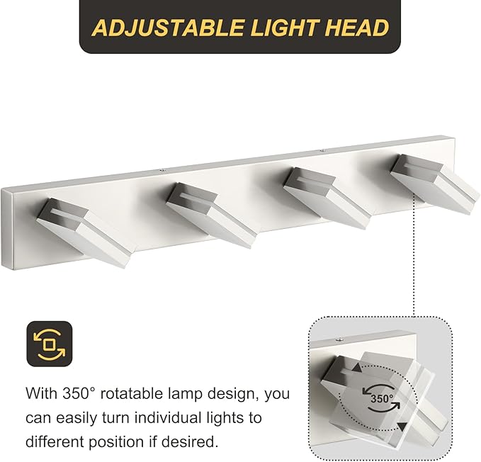 OKELI 4 Light Bathroom Vanity Light Brushed Nickel Modern 32W LED Dimmable Vanity Light Over Mirror 350° Adjustable Lamp Head Cold White 6000K ETL Listed 30Inch