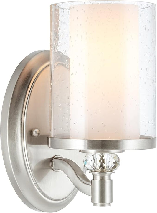 Kira Home Victoria 10" Modern Crystal Wall Sconce, Dual Glass Silver Wall Light with Seeded and Frosted Glass, Brushed Nickel Finish