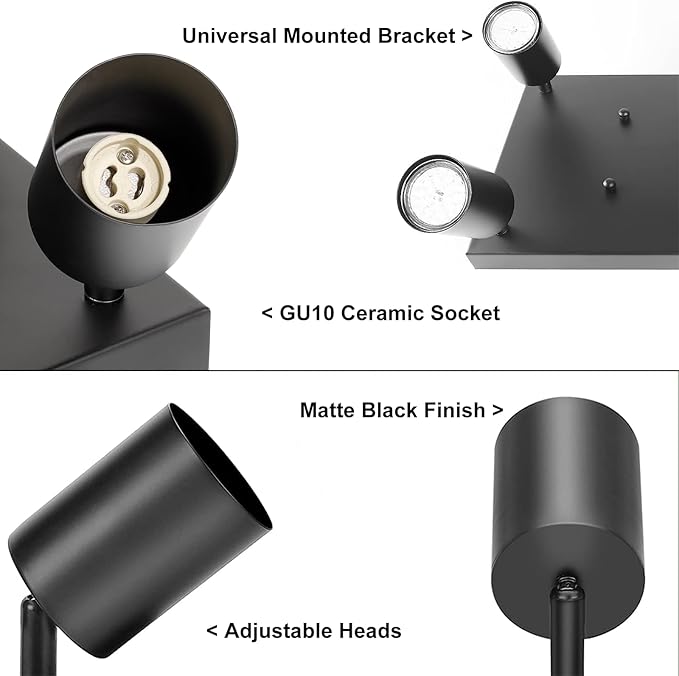 Ketom Ceiling Spot Lights Indoor: 4 Lights Led Flush Mount Ceiling Light Fixture GU10 Head Modern Black Adjustable Directional Light for Kitchen Bathroom Bedroom Hallway