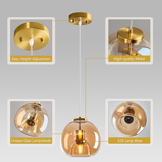 Amber Glass Pendant Lights Kitchen Island Gold Hanging Light Fixture Glass Globe Pendant Light Modern Pendant Lighting for Dining Room Bedroom Kitchen Island (7.87", 2 Pack)