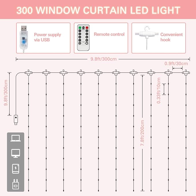 SUNNEST LED Curtain Lights Christmas, 300 LEDs 9.8FT x 9.8FT USB Curtain String Light with 8 Lighting Modes Wall Lights with Remote Control, Twinkle Light for Bedroom Decoration (Red)
