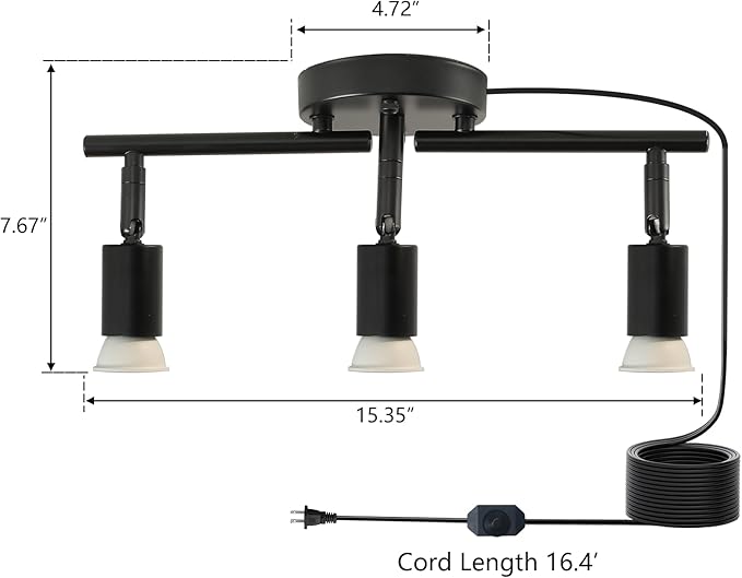 Dimmable 3 Light Black Plug in Track Light White Plug in Ceiling Lighting Fixture with 16.4' Long Cord,3 Way Ceiling Spotlight,Rotatable Wall Mount Light Head,LED dimmable Spot Bulbs Included