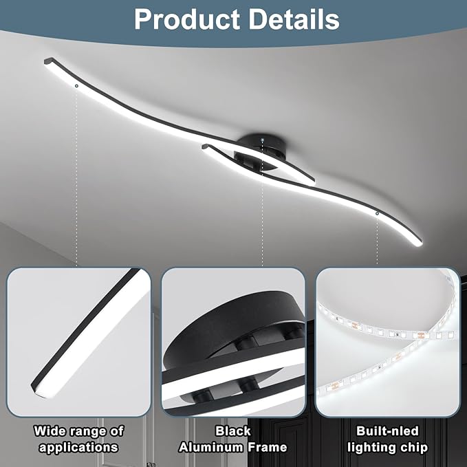 47.24Inch Linear Ceiling Light 6000K Black Modern Ceiling Light Fixture 35W Long Flush Mount Ceiling Lamp for Hallway, Kitchen, Bedroom, Dining Room