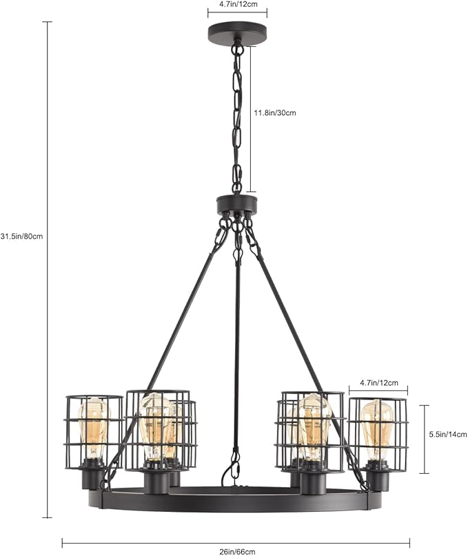 Wagon Wheel Chandelier Modern Farmhouse Pendant Light,Black Farmhouse Chandelier, 6-Light Wagon Wheel Chandelier with Adjustable Height, Dining Room Light Fixture, Hanging Lights