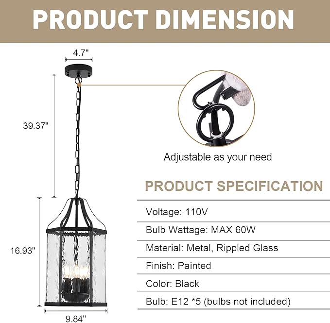 10" Modern 5-Light Exterior Black Lantern Pendant Light Fixture with Clear Rippled Glass Mini Industrial Hanging Cage Chandelier for Outdoor Kitchen Dining Room Hallway Entryway Foyer Porch