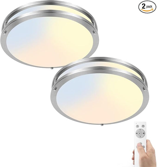 2-Pack Flush Mount LED Ceiling Light Fixture with Remote: 13Inch 36W Dimmable Modern LED Ceiling Lights, 2700K-6500K Adjustable 3600lm Super Bright Kitchen Lighting for Bathroom Hallway Brushed Nickel