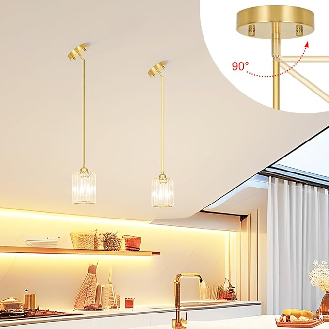 Lxybcce Gold Kitchen Pendant Lights Over Island with Adjustable Rods - Crystal Pendant Lighting Fixtures for Sloped Ceiling, Ideal Over Dining Table or Bar, E26 Bulb Compatible, No Electrician Needed