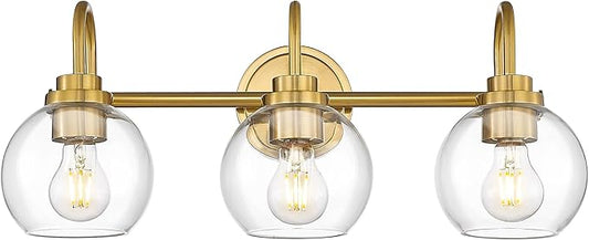 Bathroom Light Fixtures, 3-Light Brushed Gold Vanity Lights with Globe Clear Glass, Champagne Bronze Vanity Lighting Fixtures Over Mirror, AD-22280-3W-GD