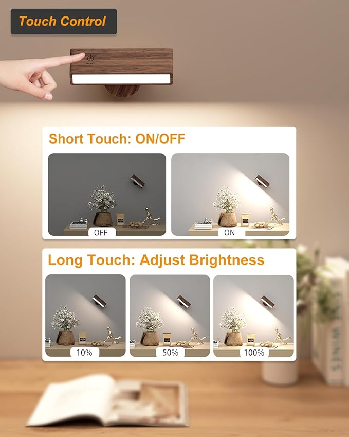 DetarZinLED Battery Operated Wall Sconces Set of 2,Rechargeable Wall Lights Wood,Stick On Wall Lights for Bedroom,Wall Mounted Bedside Reading Lamps Dimmable,Battery Powered Wall Lamp for Bedroom