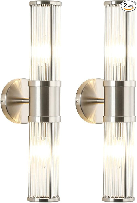 Dual Sconce Vanity Set of 2, Brushed Nickel Wall Light with Clear Glass Rods Shape, Industrial Vanity Lighting for Bathroom Mirror and Modern Bedroom