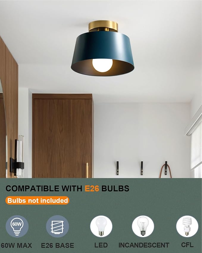 Ceiling Light Fixture, Hallway Ceiling Light with Gold Plate and Matte Black Shade, Modern Simple Style Porch Light Fixtures Semi Flush Mount (Blue)