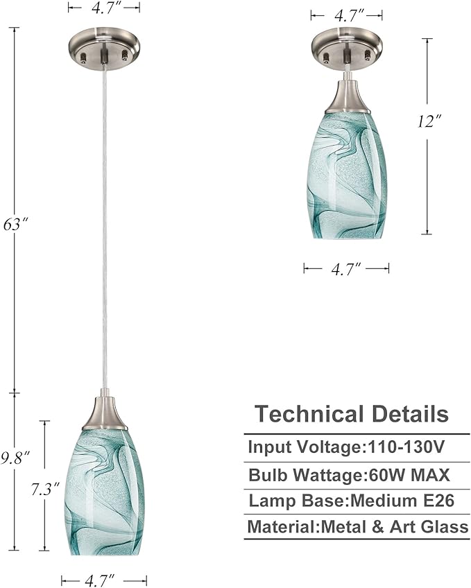 karyfine Mini Pendant Lights Kitchen Island Light Brown Glass Lamp Shade Hand Blown Glass Pendant Light with Brush Nickel Finish Adjustable Cord for Kitchen Over Sink (Green Marble-3Packs)