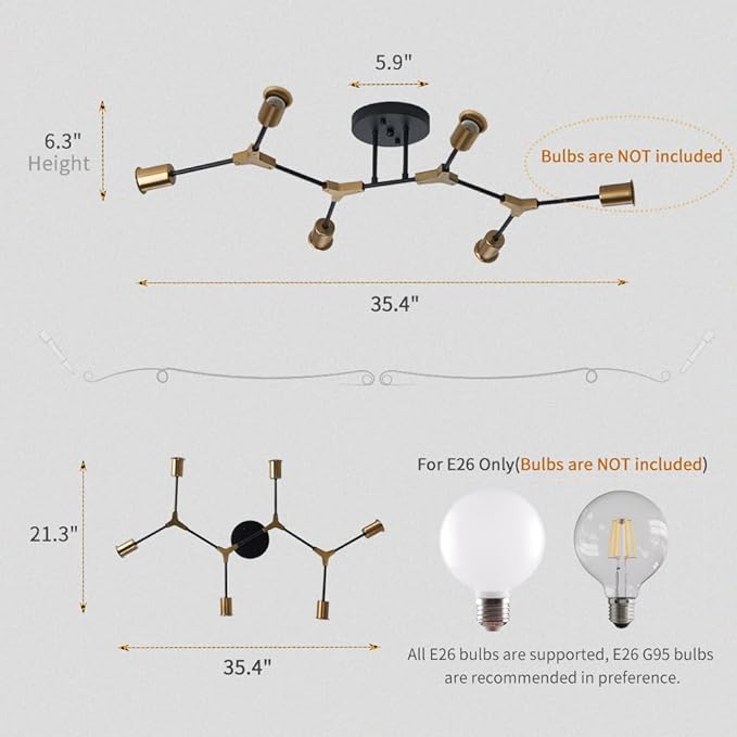 Modern Gold and Black Sputnik Semi Flush Mount Ceiling Light Fixture for Dining Room Living Room Bedroom Kitchen Closet Hallway Aisle, Mid Century Metal 6 Light Chandelier