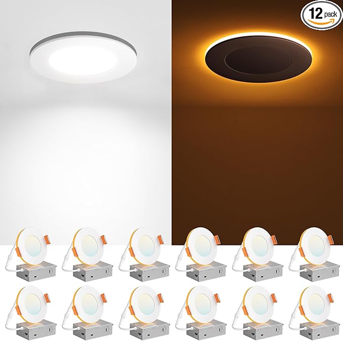 Amico 12 Pack 3 Inch 5CCT LED Recessed Ceiling Light with Night Light, 2700K/3000K/3500K/4000K/5000K Selectable Ultra-Thin Recessed Lighting, 7W=65W, 500LM, Dimmable Canless Wafer Downlight ETL&FCC