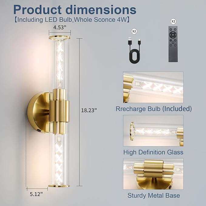 Battery Operated Wall Sconces Set of Two Glass Gold Rechargeable Wall Sconces with Remote Control LED Dimmable Wall Lights for Living Room Hallway (2 Pack)