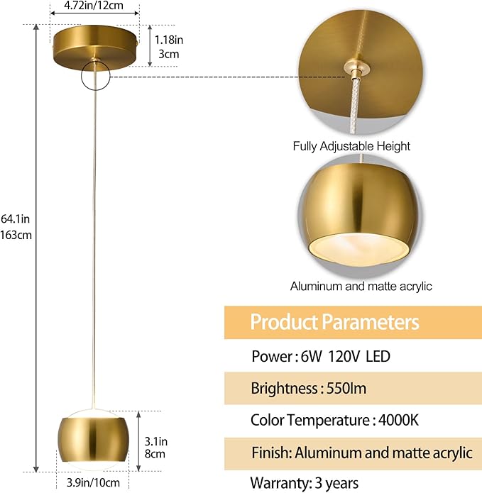 Modern LED Dimmable Pendant Light fixtures,Mini Island Pendant Lighting for Kitchen Island Dinning Room,Bedroom,Bar, Kitchen Island Ceiling Hanging Light Fixtures(gold-2-Pack)