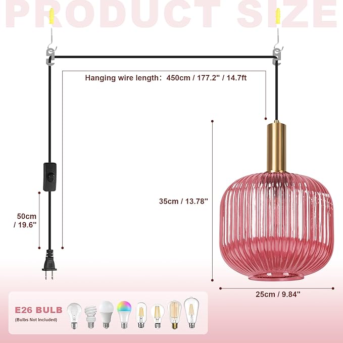 Pink Plug in Pendant Light, 9.8" Mid-Century Modern Ribbed Glass Hanging Lamp with 15ft Cord & On/Off Switch, Hand-blown Striped Glass Pendant Lighting for Bedroom, Kitchen Island, Dining Room