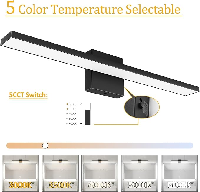 Ralbay 5 Color Temperature Dimmable LED Modern Bathroom Vanity Light Bar 24inch Matte Black Modern Acrylic Bathroom Wall Lighting Fixtures Over Mirror