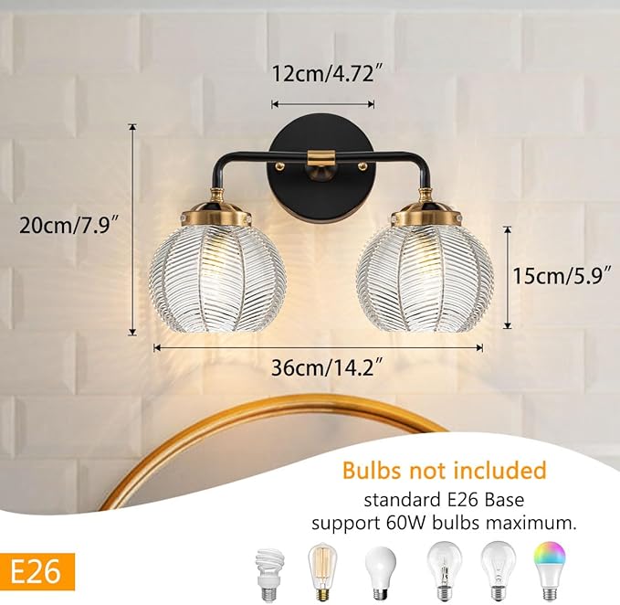 Black Bathroom Vanity Light Fixture Kitchen Sink Sconce Lighting fixtures Over Mirror with 2 Globe Shade Clear Wall Light Modern Ribbed Glass Wall Sconces for Bedroom Living Room