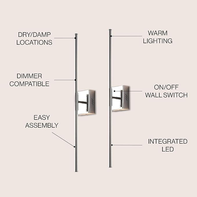 JONATHAN Y 28" Chrome Modern Dimmable Integrated LED Wall Sconce, Metal Vanity Light for Bathroom Mirror Bedroom Hallway, Sleek Hardwired Wall Lamp Fixture, 3000K (JYL7022A-SET2)