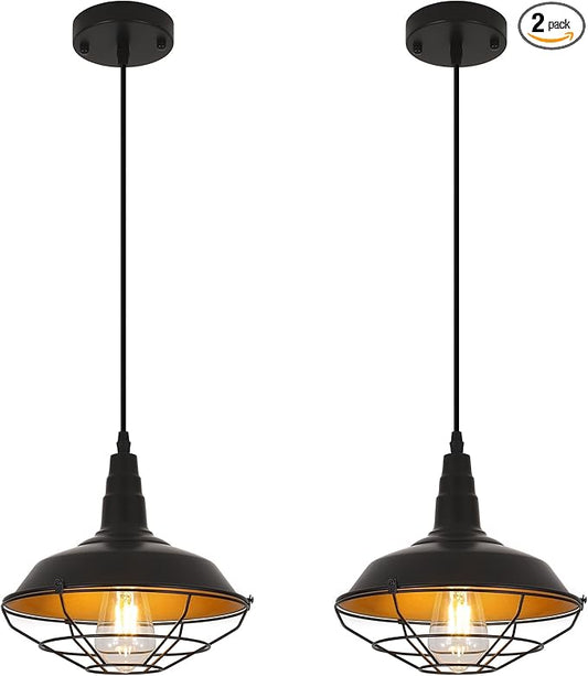 Farmhouse Pendant Light 2 Pack, 10.2" Black Pendant Lights Kitchen Island, Industrial Vintage Light Fixtures Metal Wire Cage Pendant Lighting, Island Lights for Kitchen Dining Room