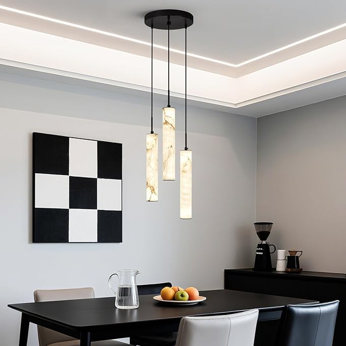 LMQNINE Natural Alabaster Pendant Lights for Kitchen Island White Marble Long Tube Chandelier 4000K Modern Black Ceiling Light Fixtures for Bedroom Dining Room Living Room Hallway(Y-3Light-Crackle)