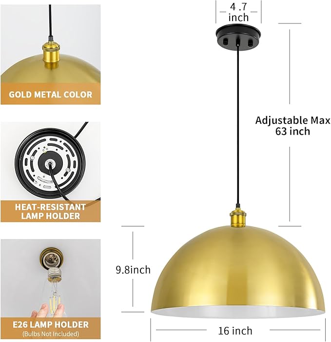 Gold Pendant Light, 16" Farmhouse Ceiling Light with Gold and White, Elegant Semi-Circular Shade Design, Adjustable Height Industrial Dome Pendant Lights for Kitchen Island, Dining Room