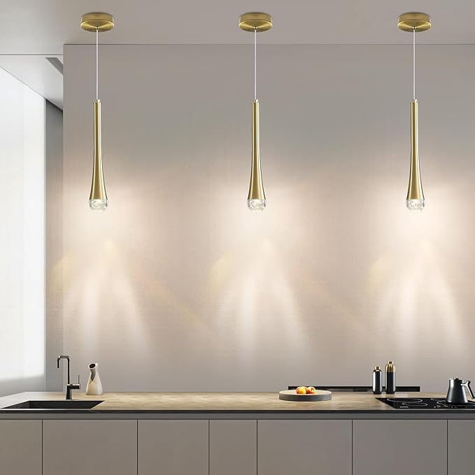 2 Pack Modern Gold LED Pendant Light, Kitchen Island Ceiling Hanging Lights, Teardrop Bubble Crystal, 3 Color 2700K/4500K/6500K, Bedside Small Chandelier Lamps for Bar, Dining Room, Hallway, Foyer