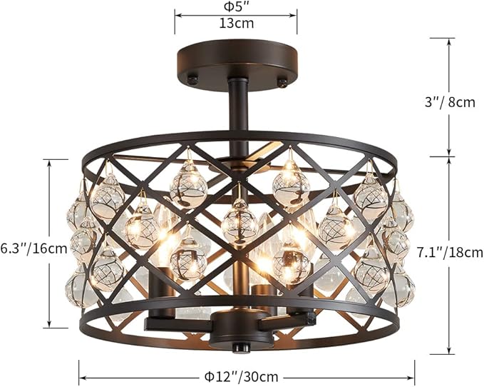 AGV LIGHTING CH013 Farmhouse Semi Flush Mount Ceiling Light Fixture, E12 Base 3-Lights, D13 x H12, Matte Black Finish