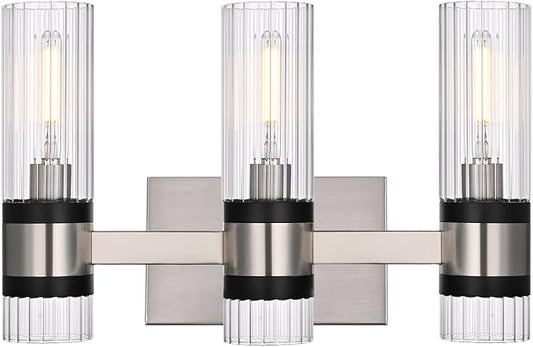 MELUCEE 3-Light Bathroom Light Fixtures Brushed Nickel, Farmhouse Vanity Lighting with Ribbed Clear Glass Shade Bathroom Bar Light Fixtures for Kitchen Bedroom Hallway, E12 Base