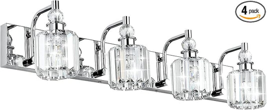 Ralbay Crystal Bathroom Vanity Light - 4 Light Modern Crystal Bathroom Lights Fixtures Over Mirror, Stainless Steel Chrome Vanity Light for Wall Lights Fixtures