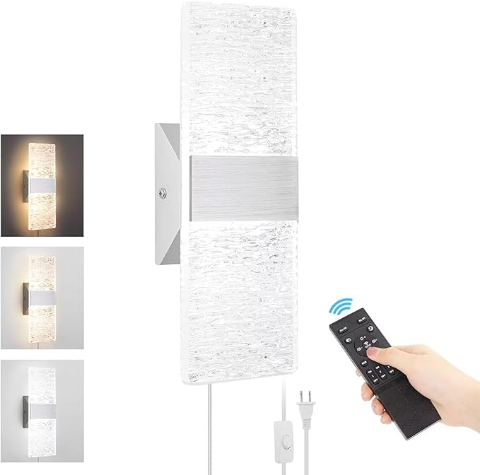 GOODATE Plug in Wall Sconces with Adjustable 3000K-6500K Colors & 10%-100% Brightness, Sconces Wall Decor Set of 2 with Remote Control, 12W Acrylic LED Plug in Wall Light (1 Pack, Corrugated Finish)