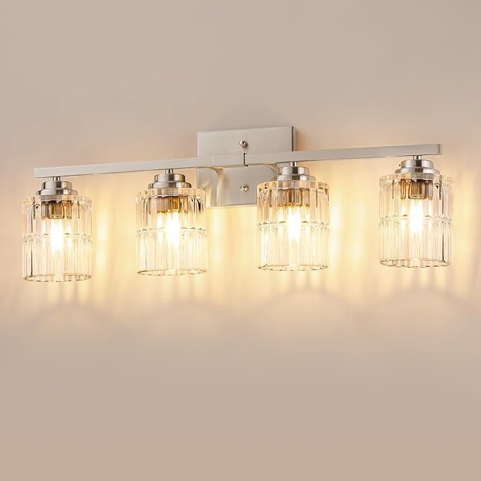 TALOYA 27 Inch Bathroom Light Fixtures,Modern 4-Light Brushed Nickel Vanity Lights with Wide Vertical Ribbed Thickened Glass Shade Wall Sconces for Mirror Makeup Room Hallway（Bulbs Not Included）