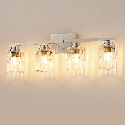 TALOYA 27 Inch Bathroom Light Fixtures,Modern 4-Light Brushed Nickel Vanity Lights with Wide Vertical Ribbed Thickened Glass Shade Wall Sconces for Mirror Makeup Room Hallway（Bulbs Not Included）