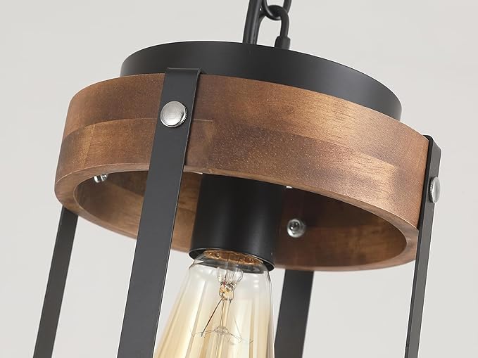 Rustic Farmhouse Plug in Pendant Light Fixture with Adjustable Chain, Dimmable Switch, Oak Wood and Metal Drum Cage Mini Hanging Lamp for Kitchen Island Living Room Hallway Farmhouse Bar, Black
