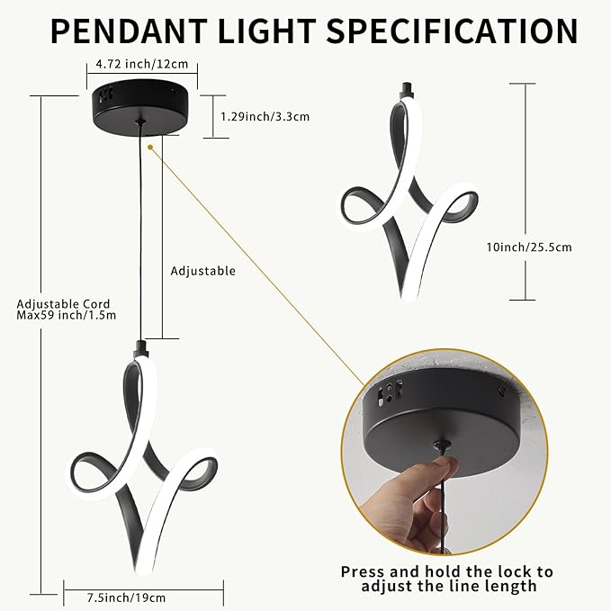 2 Packs Modern Led Pendant Light 5500K Cold White Kitchen Island Pendant Light Fixtures Adjustable Height Led Pendant Lamp for Kitchen Island Dining Room Hanging Light, 2 Packs (Black)