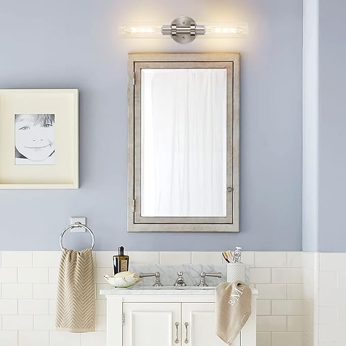 SANTOSTOCK Brushed Nickel 2-Light Bathroom Vanity Light Fixture, Modern Bathroom Sconces Wall Lighting W/Clear Glass Shade, Horizontal and Vertical Wall Mount Lamp for Mirror Hallway Kitchen