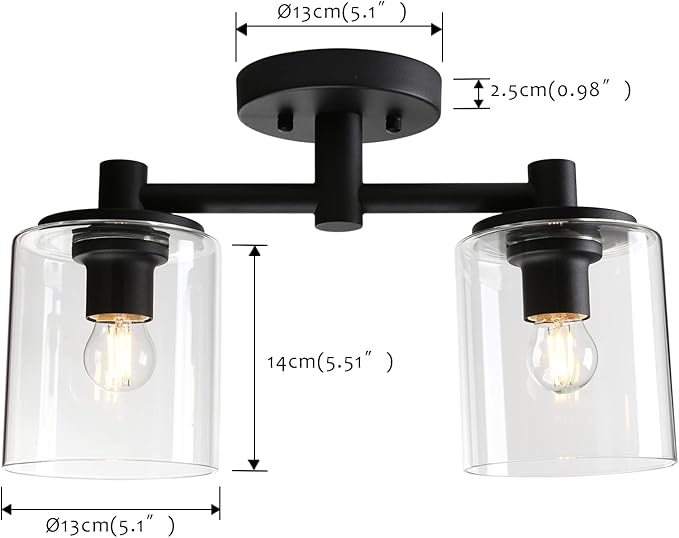 Pathson 2-Light Semi Flush Mount Ceiling Light, Industrial Pendant Lighting Fixture with Glass Shade, Ceiling Chandelier Lamp for Hallway Loft Kitchen Bar